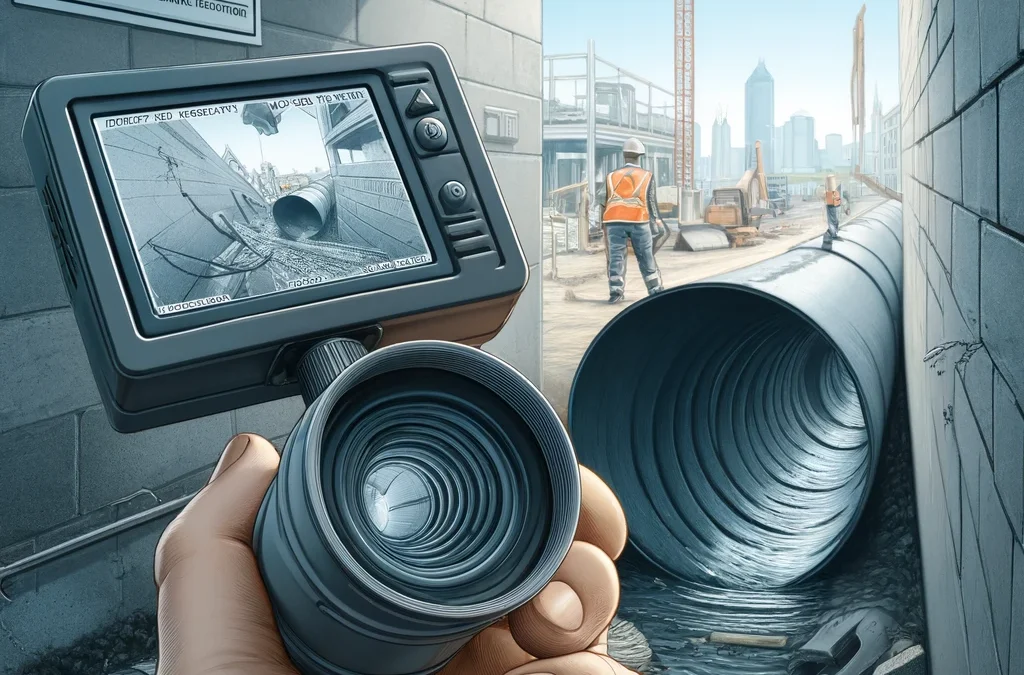 Illustration of a CCTV drain inspection at a Sydney construction site, showing a camera inside a drainage pipe with a monitor displaying potential issues, emphasizing the importance of building compliance.