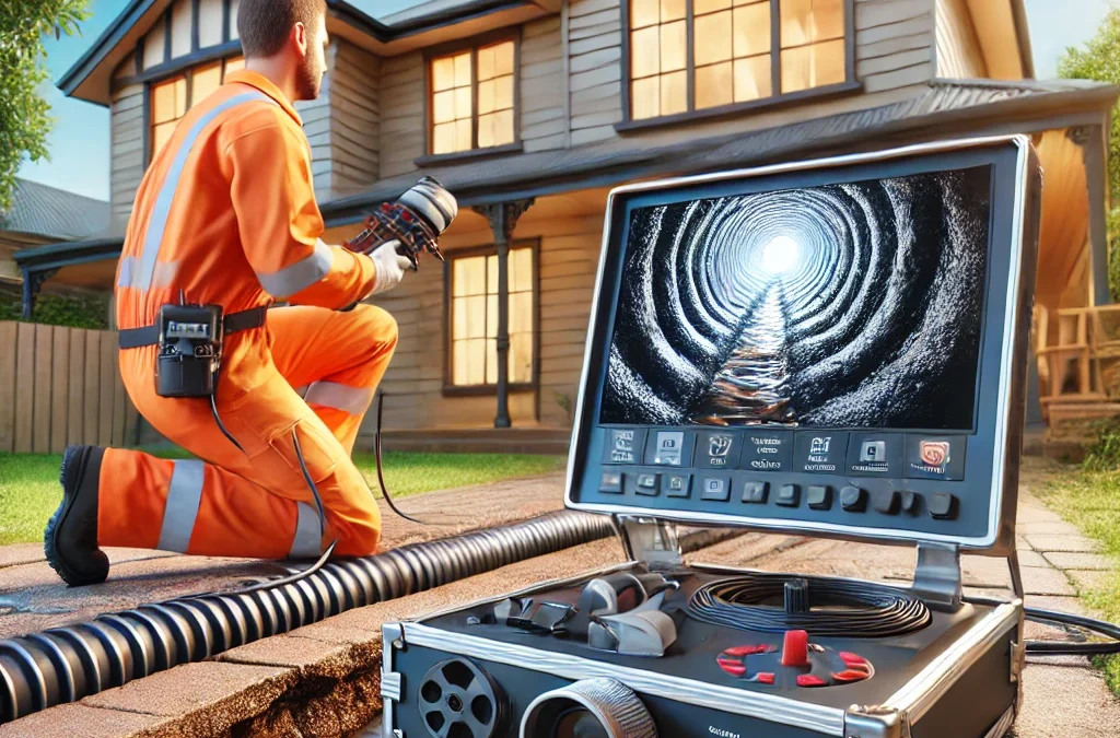 A technician in Sydney performing a CCTV drain inspection at a residential property, with a monitor showing the inside of a drainage pipe, ensuring the home is in good condition for buyers and builders.