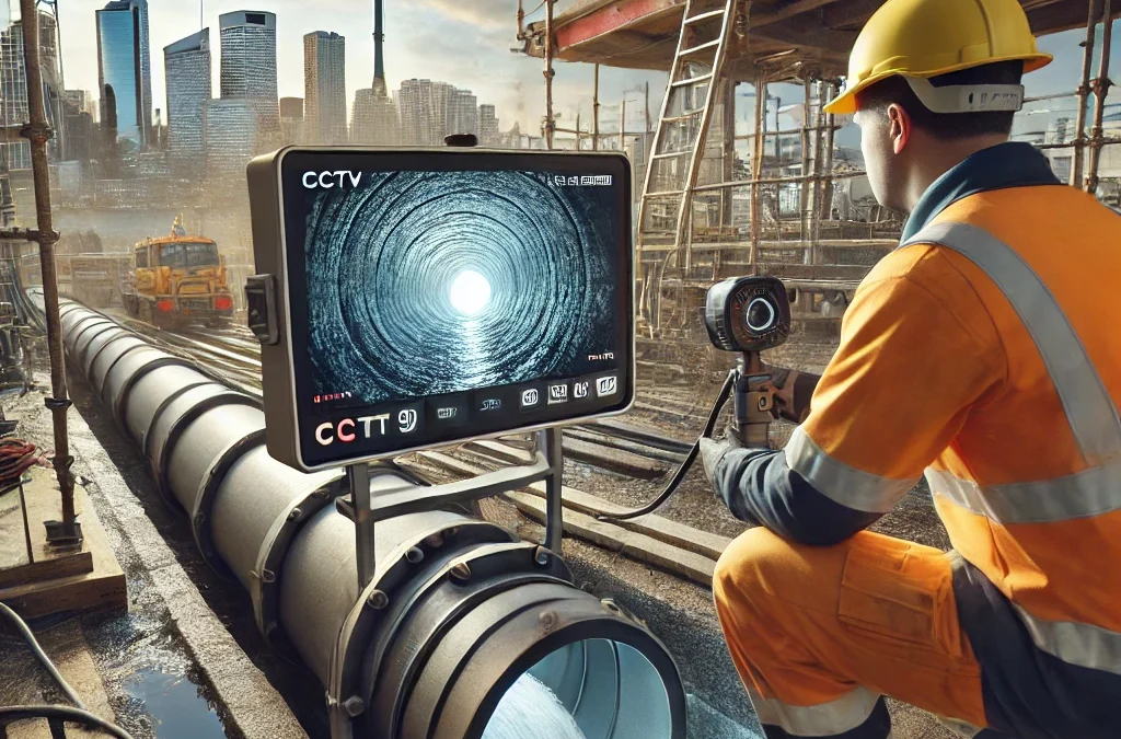 A construction worker in Sydney conducting a CCTV drainage inspection, with a monitor showing the inside of a drainage pipe to ensure compliance with Sydney council regulations as part of the building approval process.