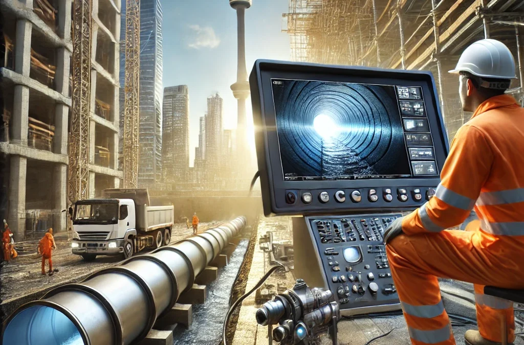 A construction worker in Sydney performing a CCTV pipe inspection at a building site, with a monitor showing the inside of the pipe, ensuring compliance with Sydney council regulations as part of the building approval process.