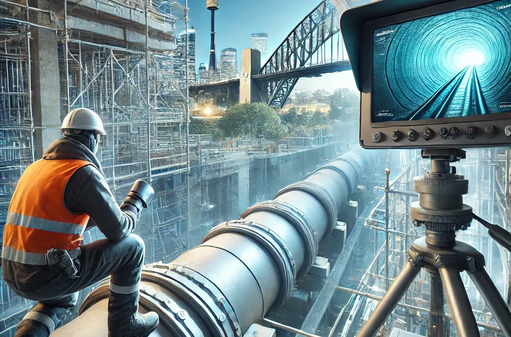 A construction worker in Sydney performing a CCTV pipeline inspection, with a monitor showing the inside of a pipeline, ensuring compliance with Sydney council regulations as part of the building approval process.