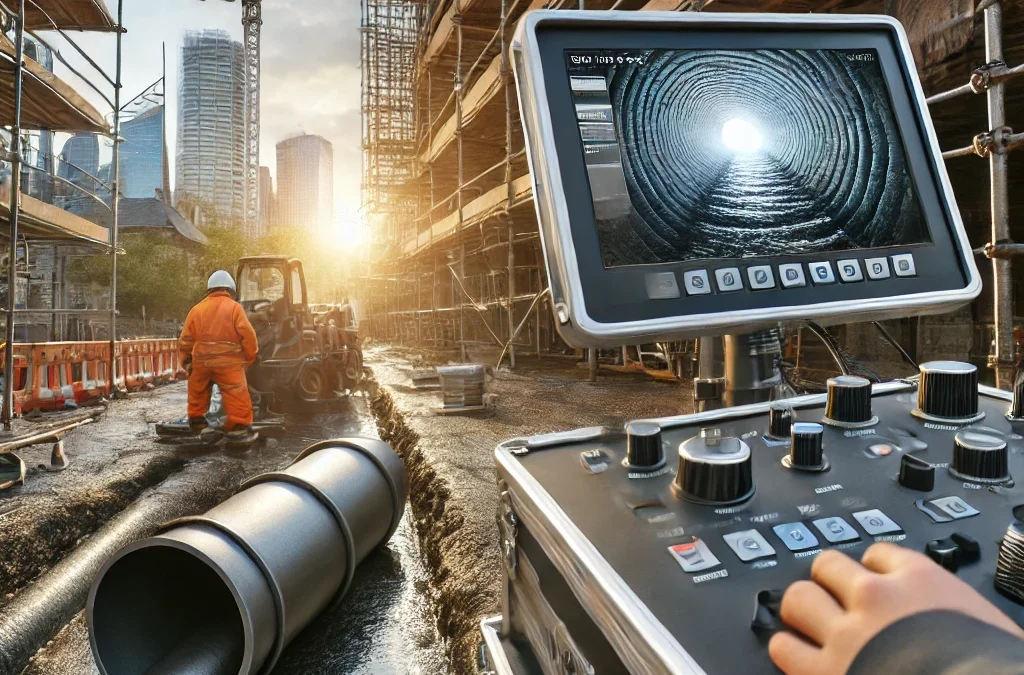 A construction worker in Sydney performing a CCTV sewer inspection at a building site, with a monitor displaying the inside of the sewer pipe, revealing potential issues like cracks, ensuring compliance before building.
