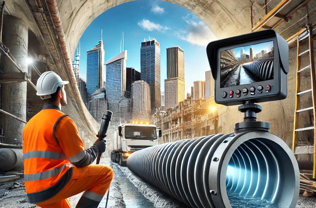 A construction worker in Sydney performing a CCTV stormwater pipe inspection at a building site, with a monitor displaying the inside of the pipe, ensuring compliance with Sydney council regulations.