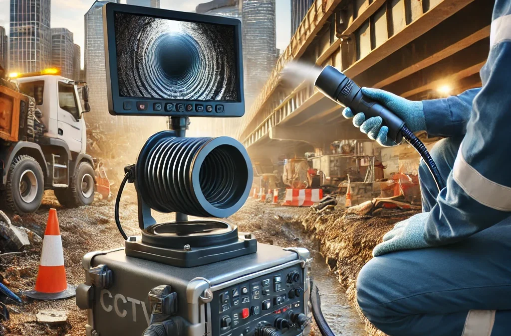 A technician in Sydney conducting a CCTV sewer inspection at a construction site, with a monitor showing the inside of a sewer pipe, ensuring compliance with Sydney council regulations for building approval.