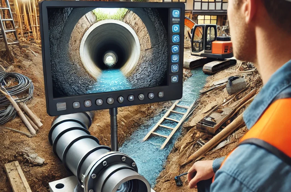 A technician in Sydney conducting a CCTV stormwater pipe inspection at a construction site, with a monitor showing the inside of a stormwater pipe, ensuring compliance with Sydney council regulations and protecting the environment.